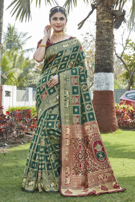 DHRUVIL TEXTILES Printed, Embellished Banarasi Cotton Silk, Jacquard Saree(Multicolor)