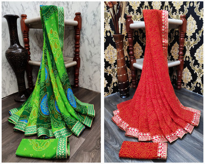 Kanooda Prints Printed Bandhani Georgette Saree(Pack of 2, Multicolor)