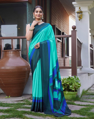 SIRIL Printed Daily Wear Silk Blend Saree(Blue, Multicolor)