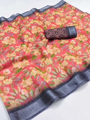 AARADHYA Printed Bollywood Cotton Linen Saree(Red)