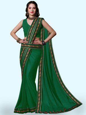 Anugrah Textile Solid/Plain Banarasi Lycra Blend, Chiffon Saree(Green)