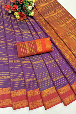 rangbhakti Woven Kanjivaram Silk Blend, Chiffon Saree(Purple)