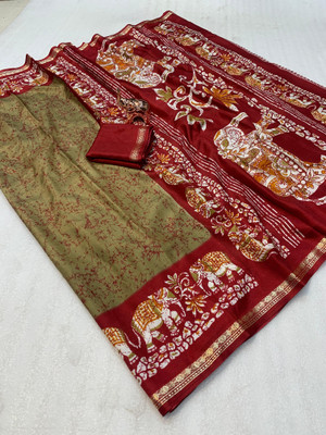 SDGRATITUDE Printed Kalamkari Cotton Linen, Cotton Silk Saree(Dark Green, Maroon)