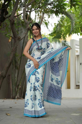 yourwish Printed Bollywood Cotton Blend Saree(Multicolor, White)