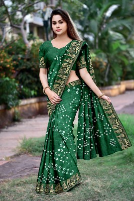 AK Fashion Woven Bandhani Art Silk Saree(Green)