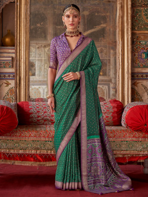 ANOUK Printed Bandhani Silk Blend Saree(Green)