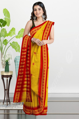 GOLU Printed Handloom Cotton Jute Saree(Yellow, Red)