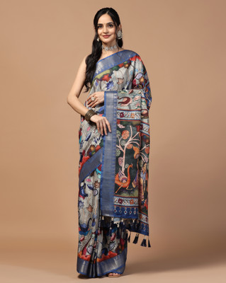 KAHIRAA WHOLETEX Printed Kalamkari Tussar Silk Saree(Grey)