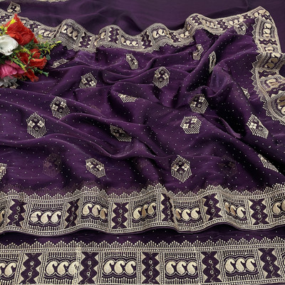 KanjiQueen Self Design, Embellished Banarasi Pure Silk, Organza Saree(Purple)