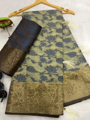 ASHTA Floral Print Kanjivaram Pure Cotton, Cotton Silk Saree(Grey)