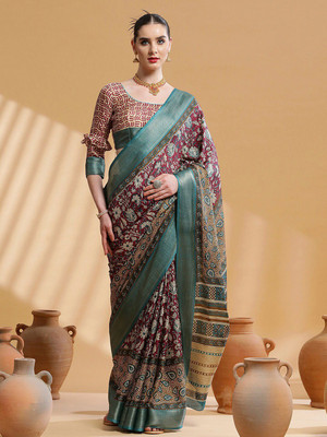 Sangria Printed Daily Wear Cotton Blend Saree(Magenta, Green)