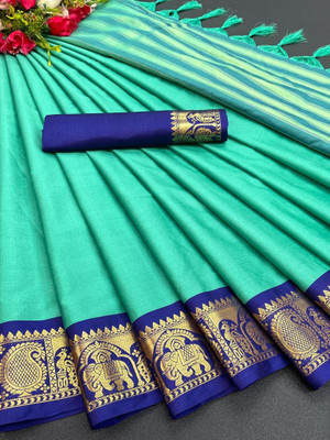KHODALSAREEFEB Solid/Plain, Self Design Banarasi Cotton Silk Saree(Orange)