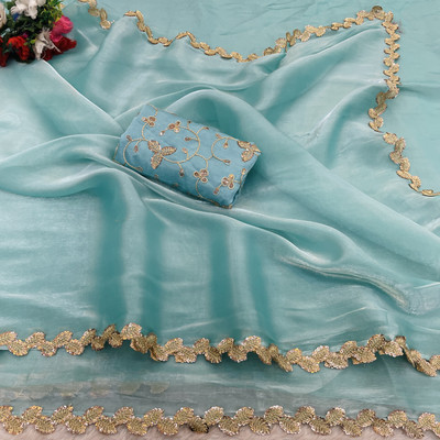 NETRA BOUTIQUE Solid/Plain Bollywood Jimmy choo, Satin Saree(Light Blue)