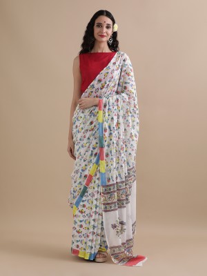 Jaipur Kurti Printed Daily Wear Pure Cotton Saree(White)