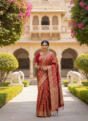 Shop Deals Floral Print, Woven, Embellished Banarasi Silk Blend Saree(Red)