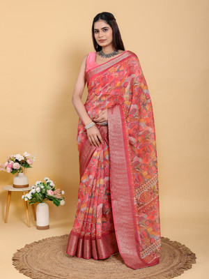 BINAKA FASHION Printed, Woven Daily Wear Jacquard, Cotton Linen Saree(Pink)