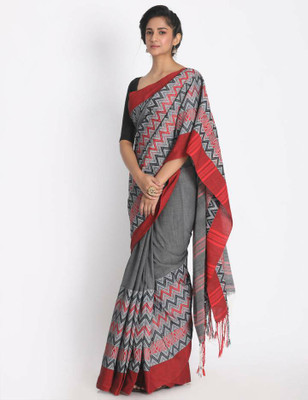 sourav biswas Striped Handloom Pure Cotton Saree(Grey, Red)