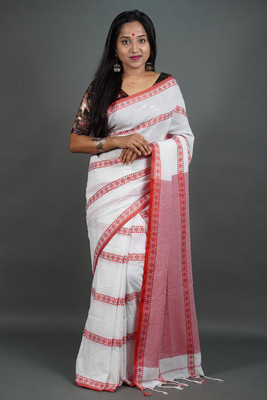DRAPERIA Woven, Solid/Plain Handloom Pure Cotton Saree(White, Red)