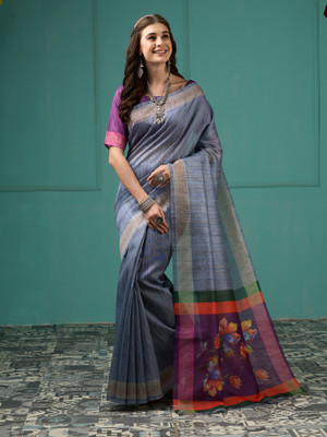 Sareemall Digital Print Tant Silk Blend Saree(Grey)