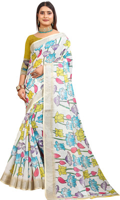 Gajal Printed Kanjivaram Pure Cotton, Cotton Linen Saree(White, Yellow)