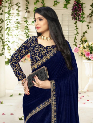 SHREE MANGAL CREATION Embroidered, Floral Print, Solid/Plain Bollywood Velvet Saree(Purple)