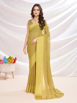 RekhaManiyar Striped Bollywood Chiffon Saree(Yellow)