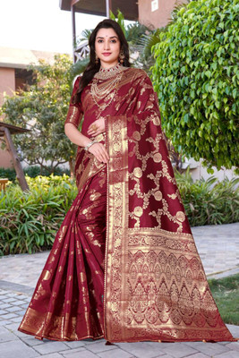 Wovenza Woven Bollywood Silk Blend Saree(Maroon)