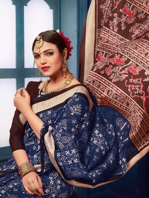 Divastri Printed Sambalpuri Silk Blend Saree(Dark Blue)