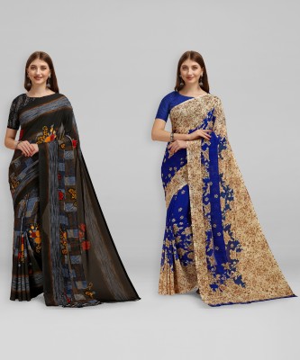 Leelavati Printed, Floral Print Bollywood Georgette Saree(Pack of 2, Blue, Black, Beige)