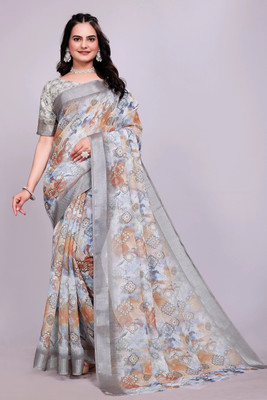 HIYAMI Printed Bollywood Cotton Linen Saree(Grey)
