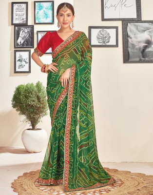 Samah Printed, Embellished, Embroidered Bandhani Georgette Saree(Green, Multicolor)