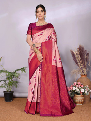 AVANTIKA FASHION Woven Kanjivaram Pure Silk, Art Silk Saree(Pink, Purple)