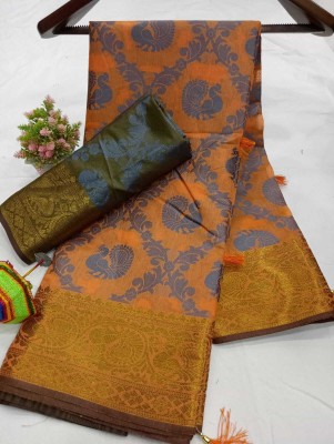 VAKHARIYAFAB Woven, Self Design Kanjivaram Pure Cotton, Cotton Silk Saree(Orange)