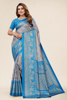 Winza Designer Geometric Print Banarasi Cotton Silk Saree(Blue)
