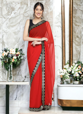 AMBUJAINTERNATIONAL Self Design Bollywood Georgette Saree(Red)
