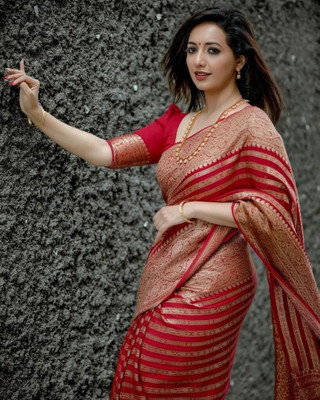 Rudr Ventures Embroidered Banarasi Cotton Silk Saree(Red)