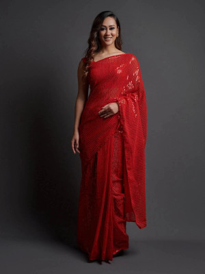 Dharmik Fashion Studio Printed, Digital Print, Striped, Self Design, Embroidered Bollywood Net Saree(Red)