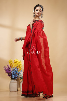 SLAGHA Woven Handloom Handloom Cotton Blend Saree(Red)