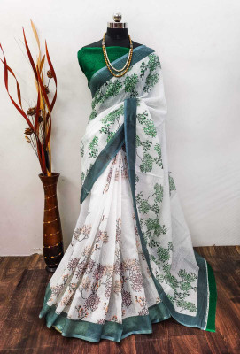 AARAANA Printed Kanjivaram Linen, Cotton Linen Saree(White)