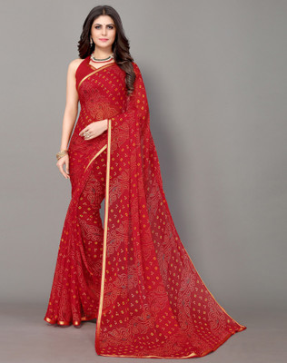 SIRIL Printed Bandhani Chiffon Saree(Red, Gold)