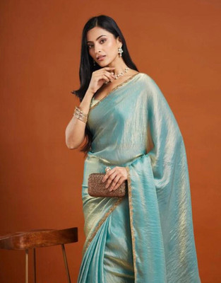 Telzip Solid/Plain, Embellished Bollywood Chiffon Saree(Light Blue)