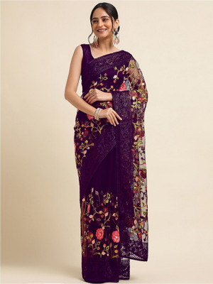 Aika Embroidered Bollywood Net Saree(Purple)
