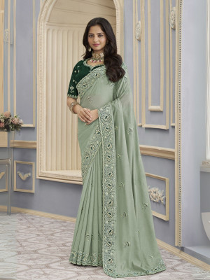 odette Embroidered Saree with Attached Blouse Georgette Saree(Pack of 2, Light Green)