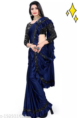 PLEXSTAR Self Design, Checkered Bollywood Lycra Blend Saree(Blue)