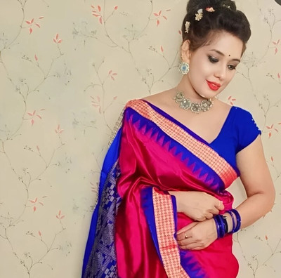 Afronza Solid/Plain, Woven, Temple Border Sambalpuri Cotton Silk, Jacquard Saree(Pink, Dark Blue)