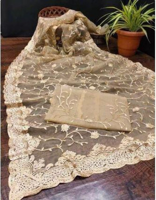 SkyFlock Embroidered, Embellished Bollywood Net Saree(Gold)
