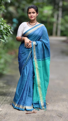 DRAPERIA Color Block Handloom Pure Cotton Saree(Light Blue)