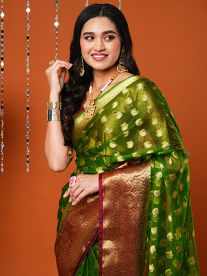 Divastri Woven Dharmavaram Organza Saree(Dark Green)