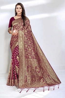 Pikham Self Design Banarasi Art Silk Saree(Maroon)