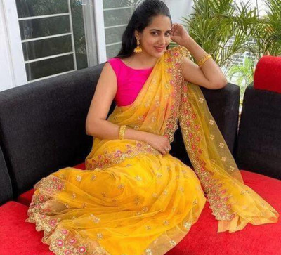 DHANUBA Embroidered Bollywood Net Saree(Yellow)